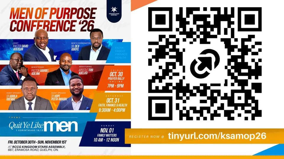 Men of Purpose Conference 2026 flyer with QR code, Kingdom Stars Assembly Guelph, Oct 30 to Nov 1, Quit Ye Like Men