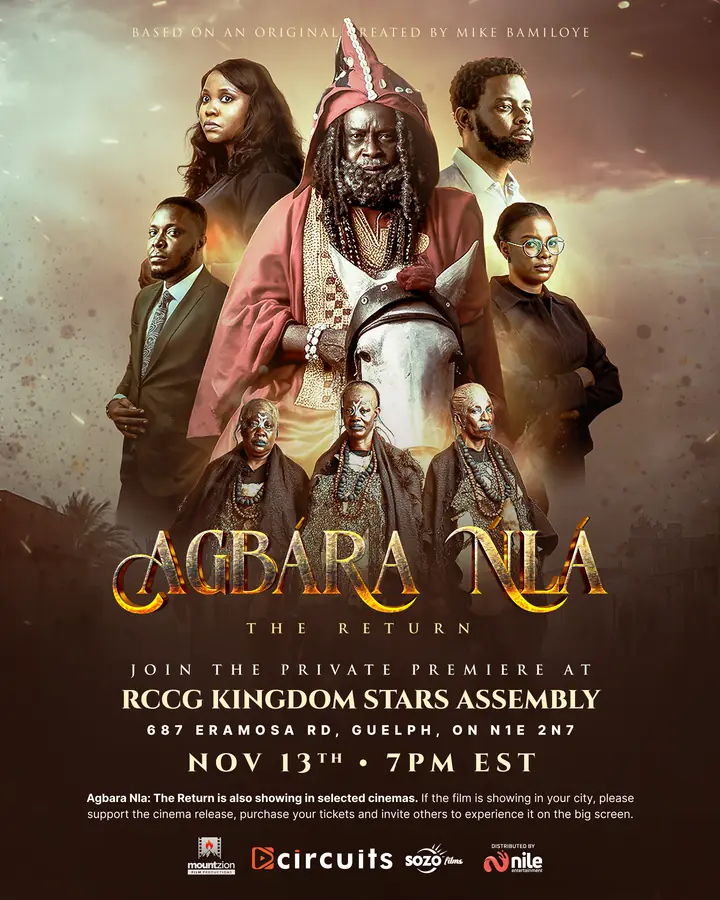 Agbara Nla: The Return poster: the elder in red robes on a white horse, with the cast of the Mount Zion film around him