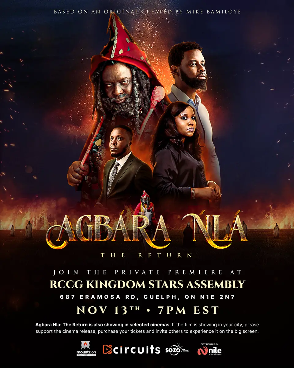 Agbara Nla: The Return, the Mount Zion film based on an original by Mike Bamiloye: the cast beneath the gold title, for the church premiere in Guelph on November 13 at 7 PM