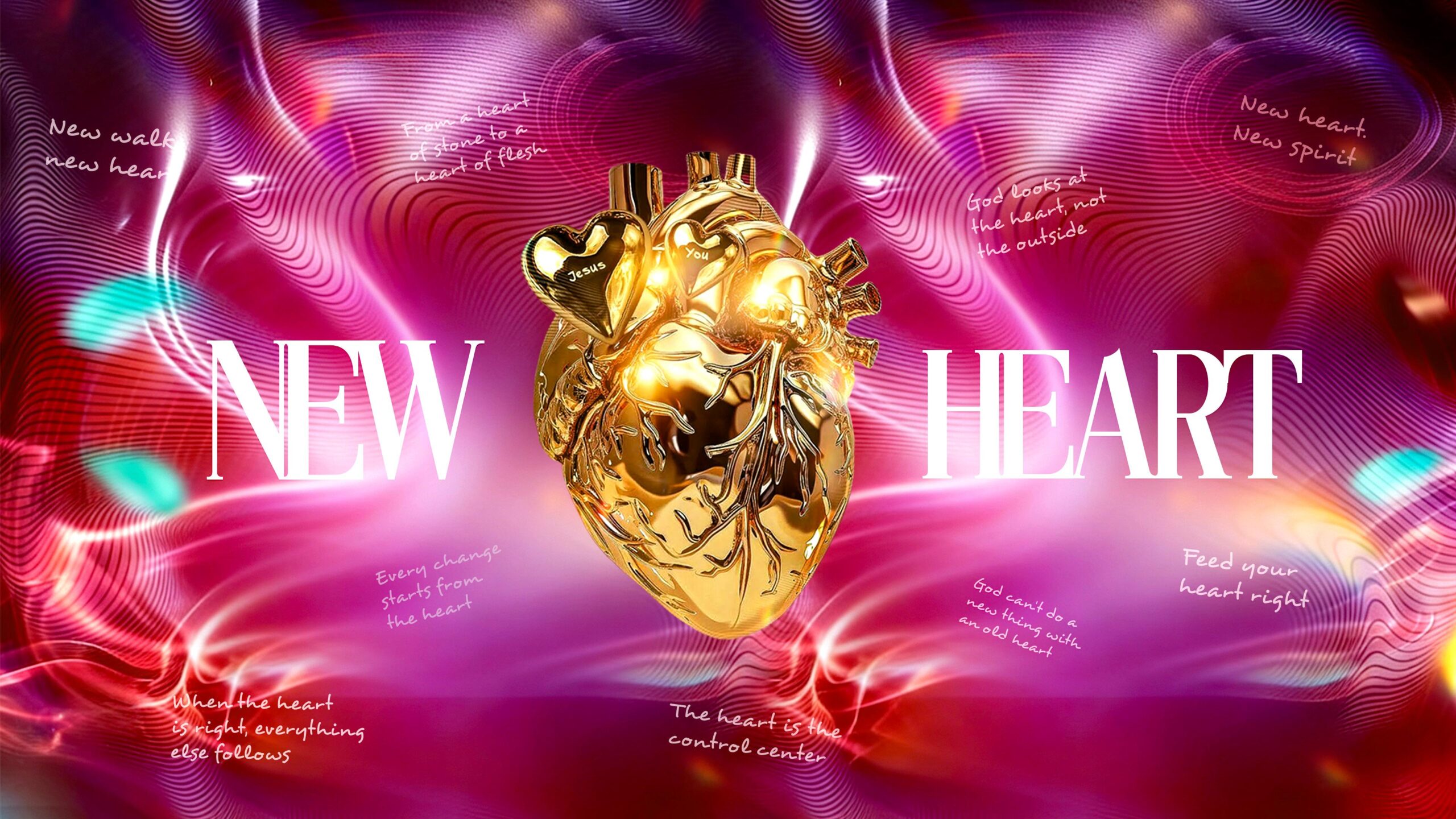 Kingdom Stars Assembly May 2026 theme graphic titled “New Heart,” featuring a golden heart on a vibrant pink and purple background with faith-based notes about a new heart and new spirit.